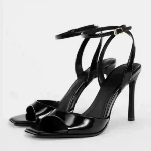 Gold Patent Leather Ankle Buckle High Heeled Sandals - Image 2