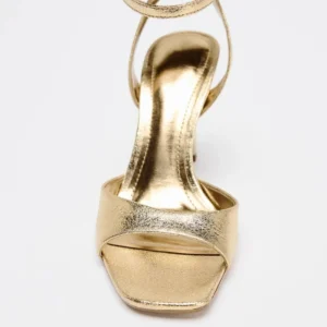Gold Patent Leather Ankle Buckle High Heeled Sandals - Image 6