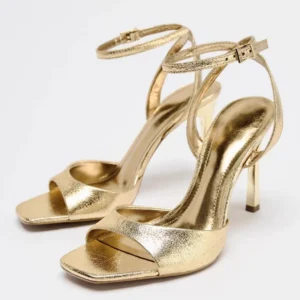 Gold Patent Leather Ankle Buckle High Heeled Sandals - Image 7