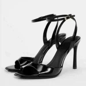 Gold Patent Leather Ankle Buckle High Heeled Sandals - Image 1